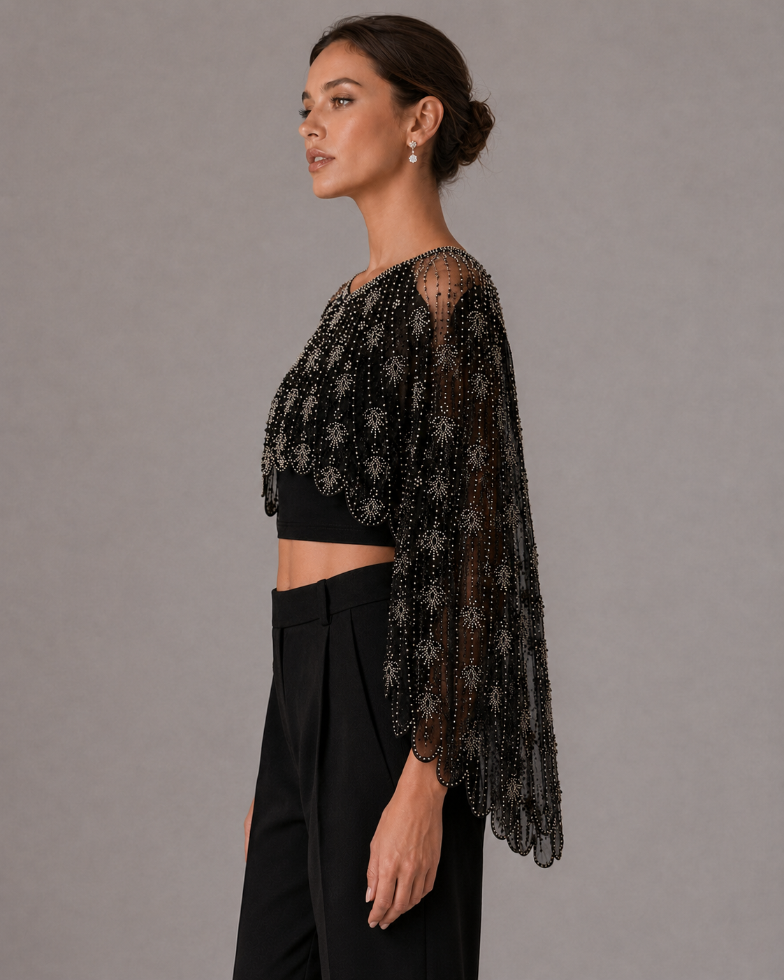 Sparkly Black Beaded Mesh Cape Shrug Evening Party Top