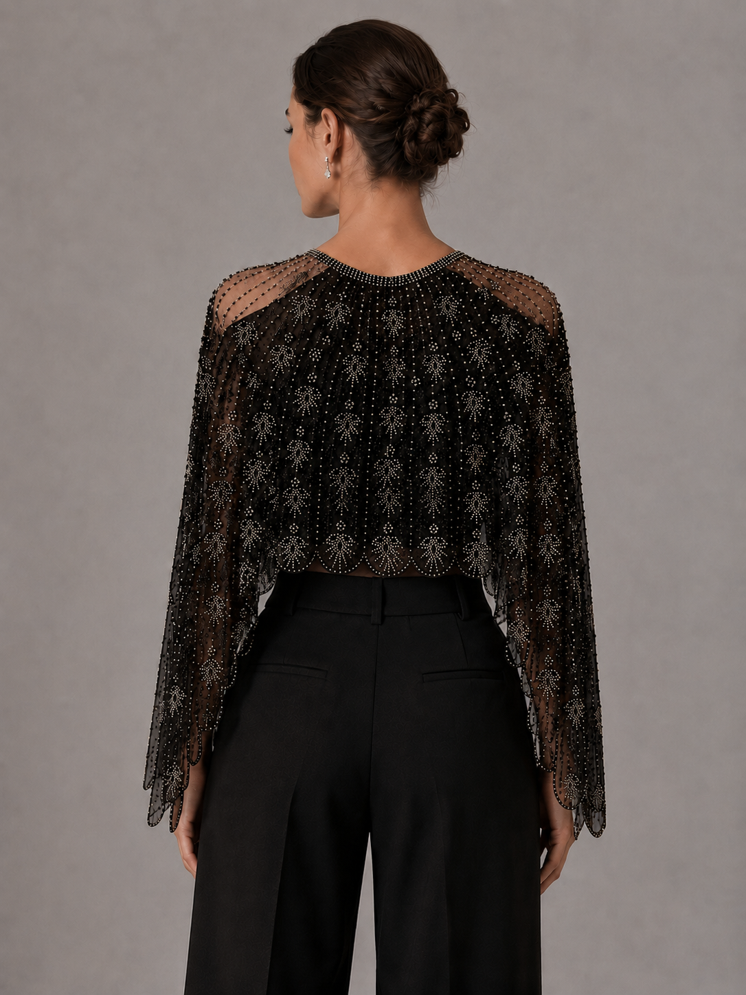Sparkly Black Beaded Mesh Cape Shrug Evening Party Top