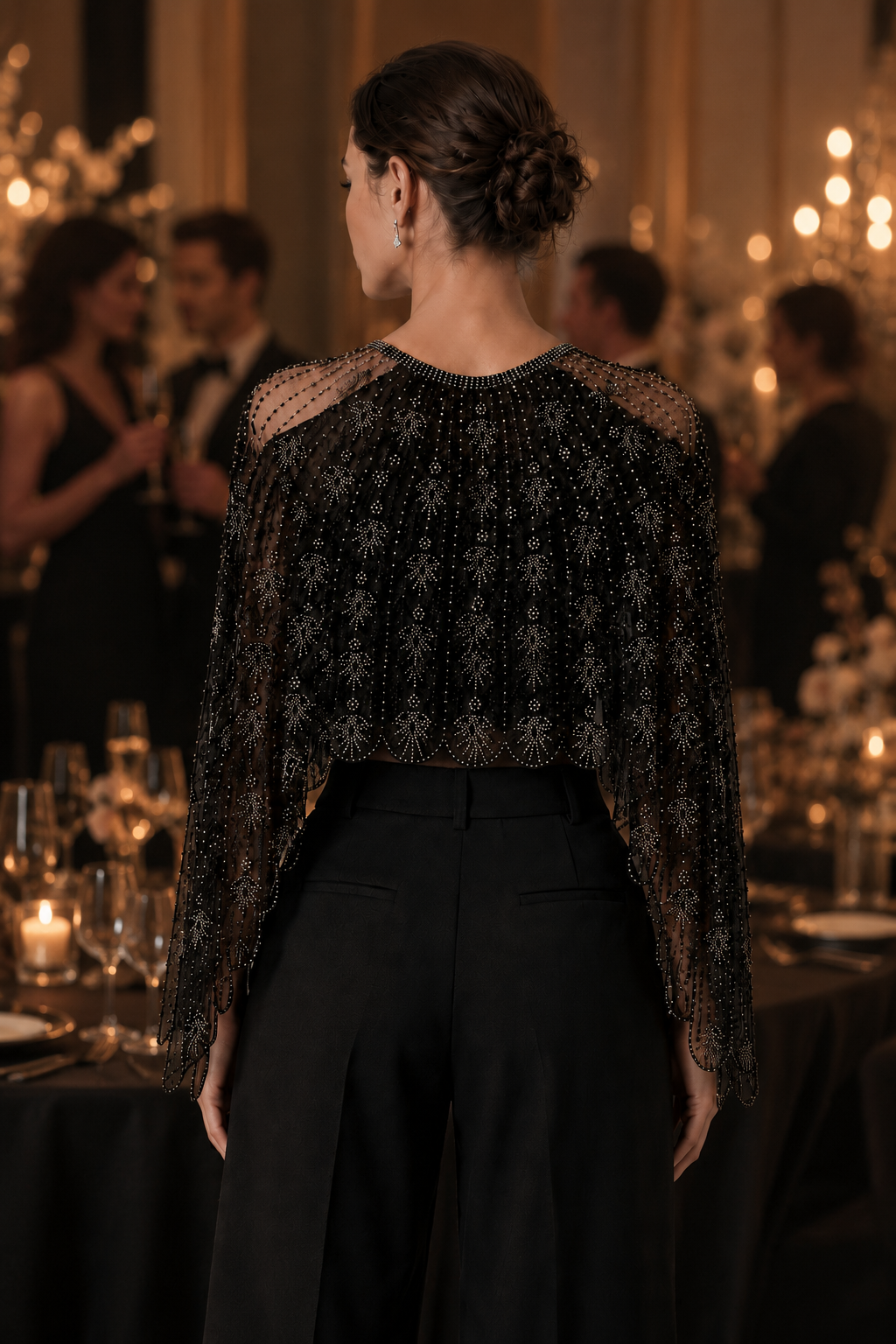 Sparkly Black Beaded Mesh Cape Shrug Evening Party Top