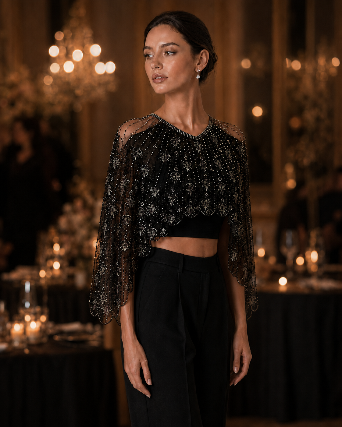 Sparkly Black Beaded Mesh Cape Shrug Evening Party Top