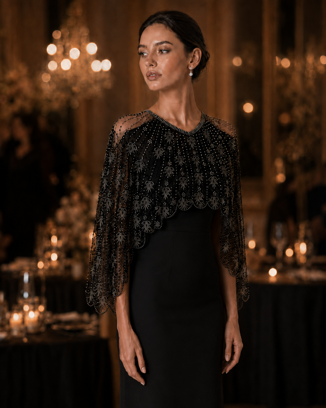 Sparkly Black Beaded Mesh Cape Shrug Evening Party Top