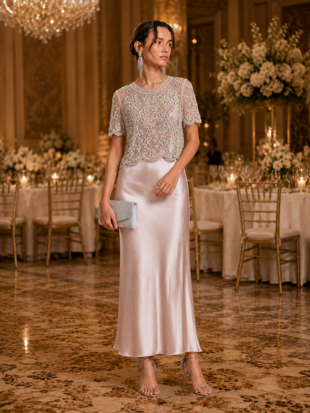 Womens Hand Embellished Floral Tulle Top Wedding Guest Cocktail Formal Blouse