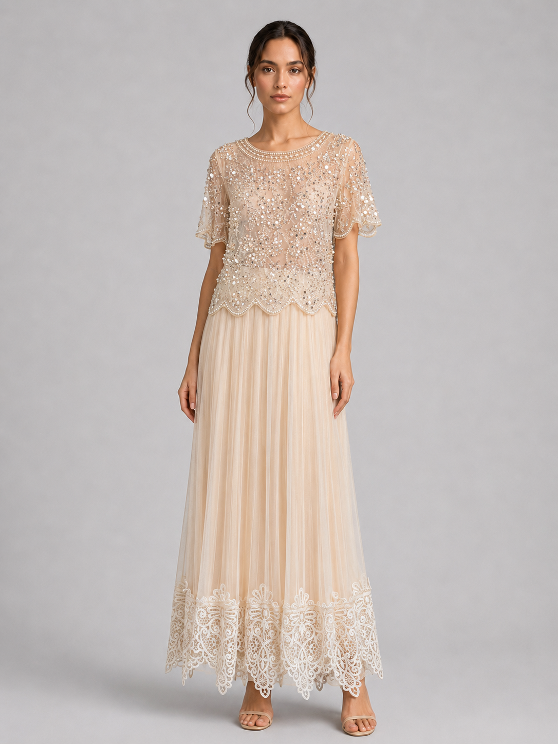 Pearl Sparkle Embellished Sheer Mesh Formal Party Top