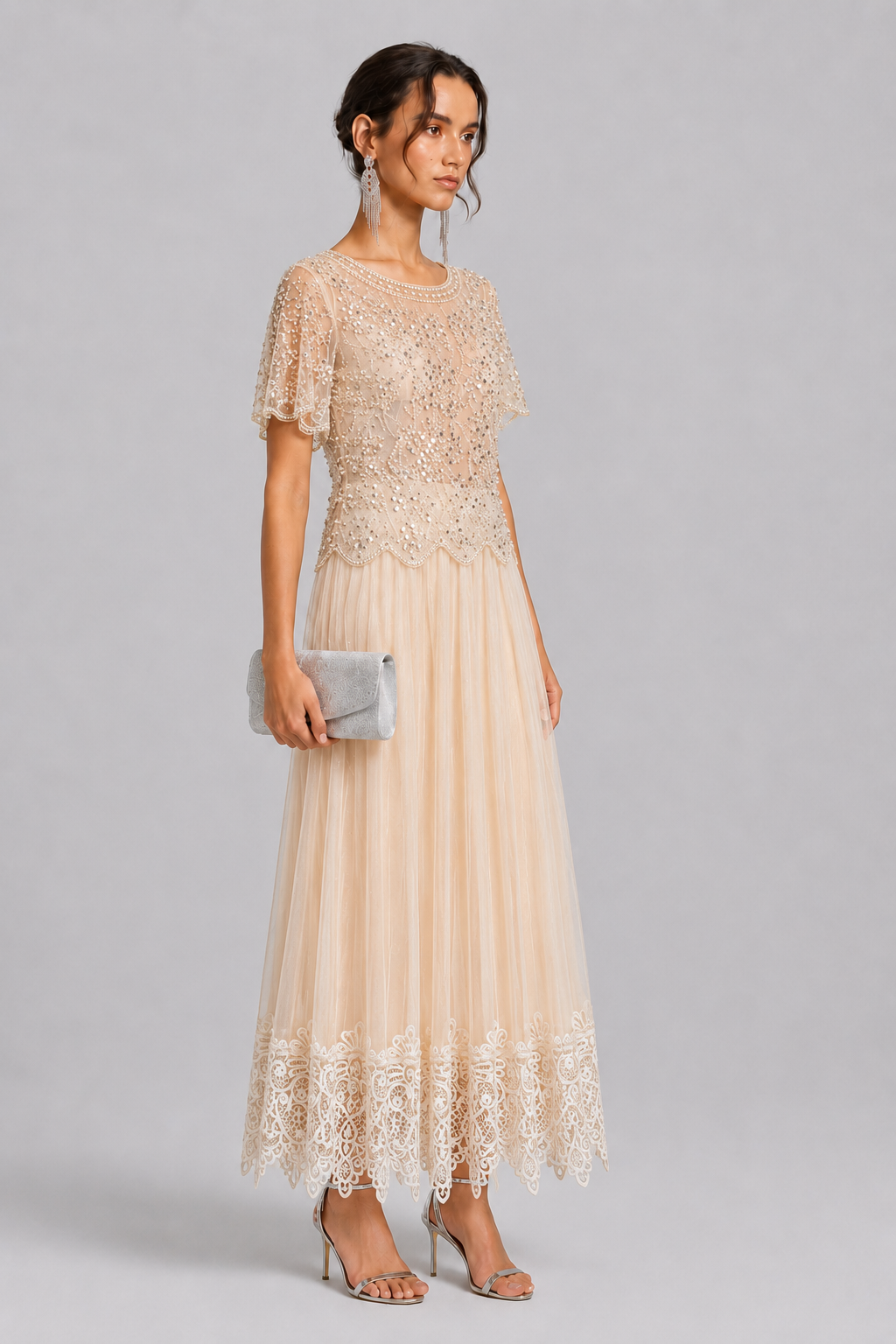 Pearl Sparkle Embellished Sheer Mesh Formal Party Top