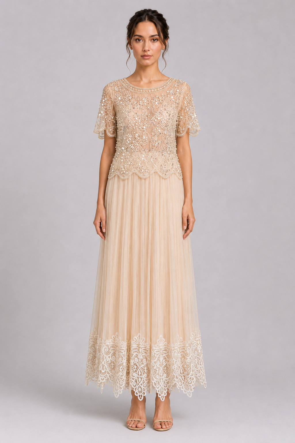 Pearl Sparkle Embellished Sheer Mesh Formal Party Top