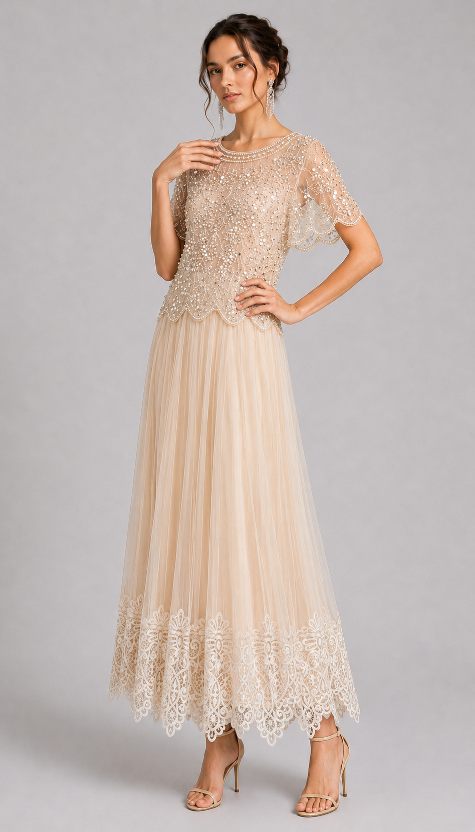 Pearl Sparkle Embellished Sheer Mesh Formal Party Top