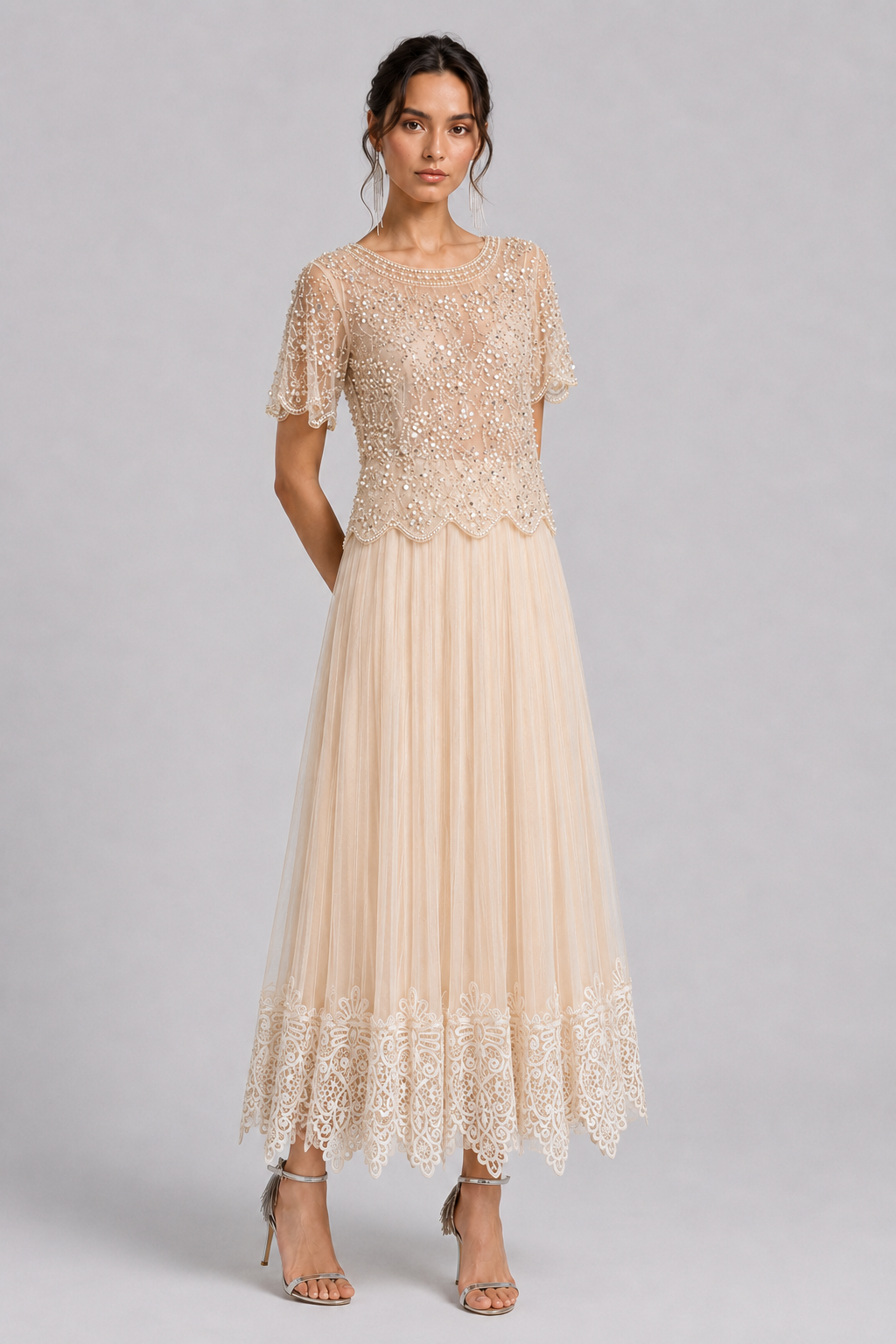 Pearl Sparkle Embellished Sheer Mesh Formal Party Top