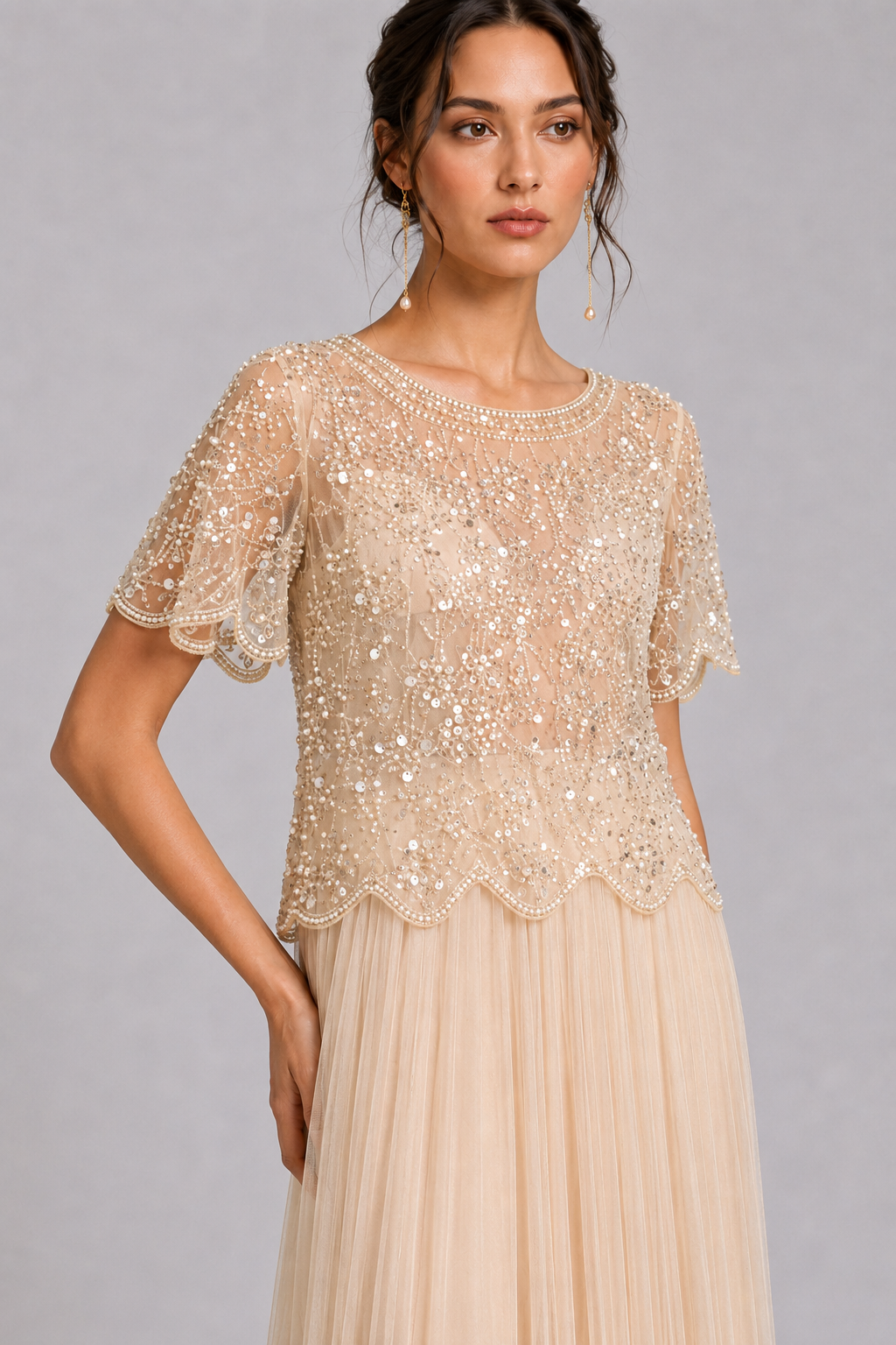 Pearl Sparkle Embellished Sheer Mesh Formal Party Top