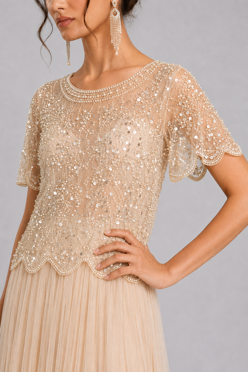 Pearl Sparkle Embellished Sheer Mesh Formal Party Top