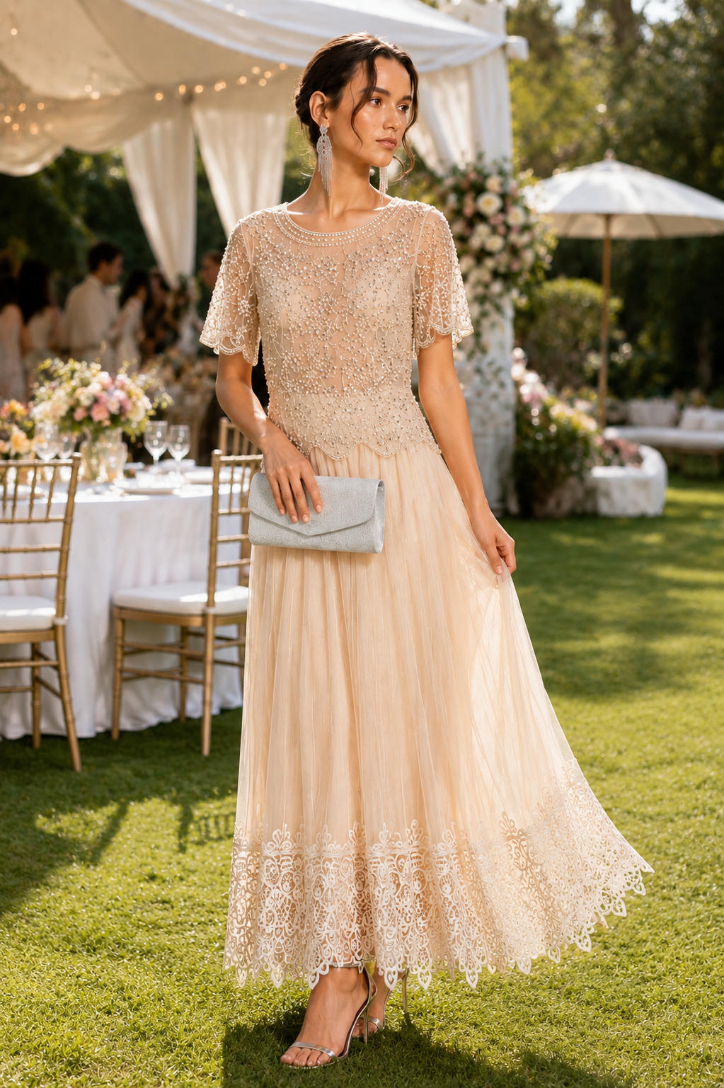 Pearl Sparkle Embellished Sheer Mesh Formal Party Top