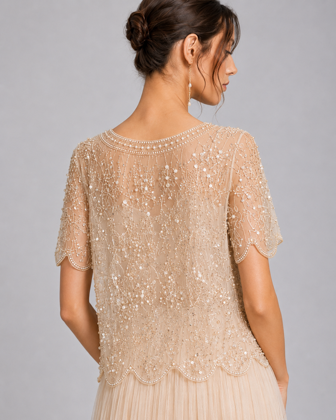 Pearl Sparkle Embellished Sheer Mesh Formal Party Top