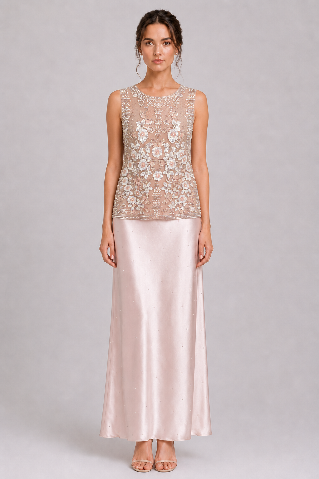 Blush Pearl Floral Beaded Sheer Sleeveless Formal Top