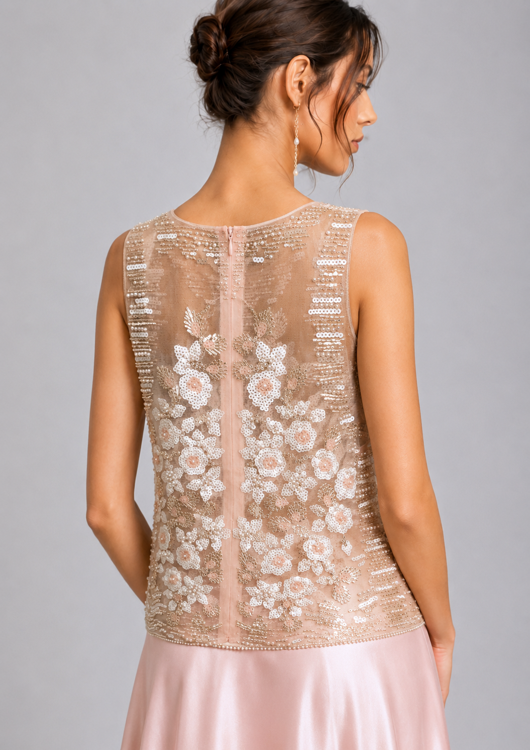 Blush Pearl Floral Beaded Sheer Sleeveless Formal Top