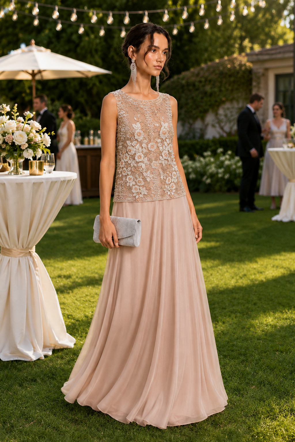 Blush Pearl Floral Beaded Sheer Sleeveless Formal Top