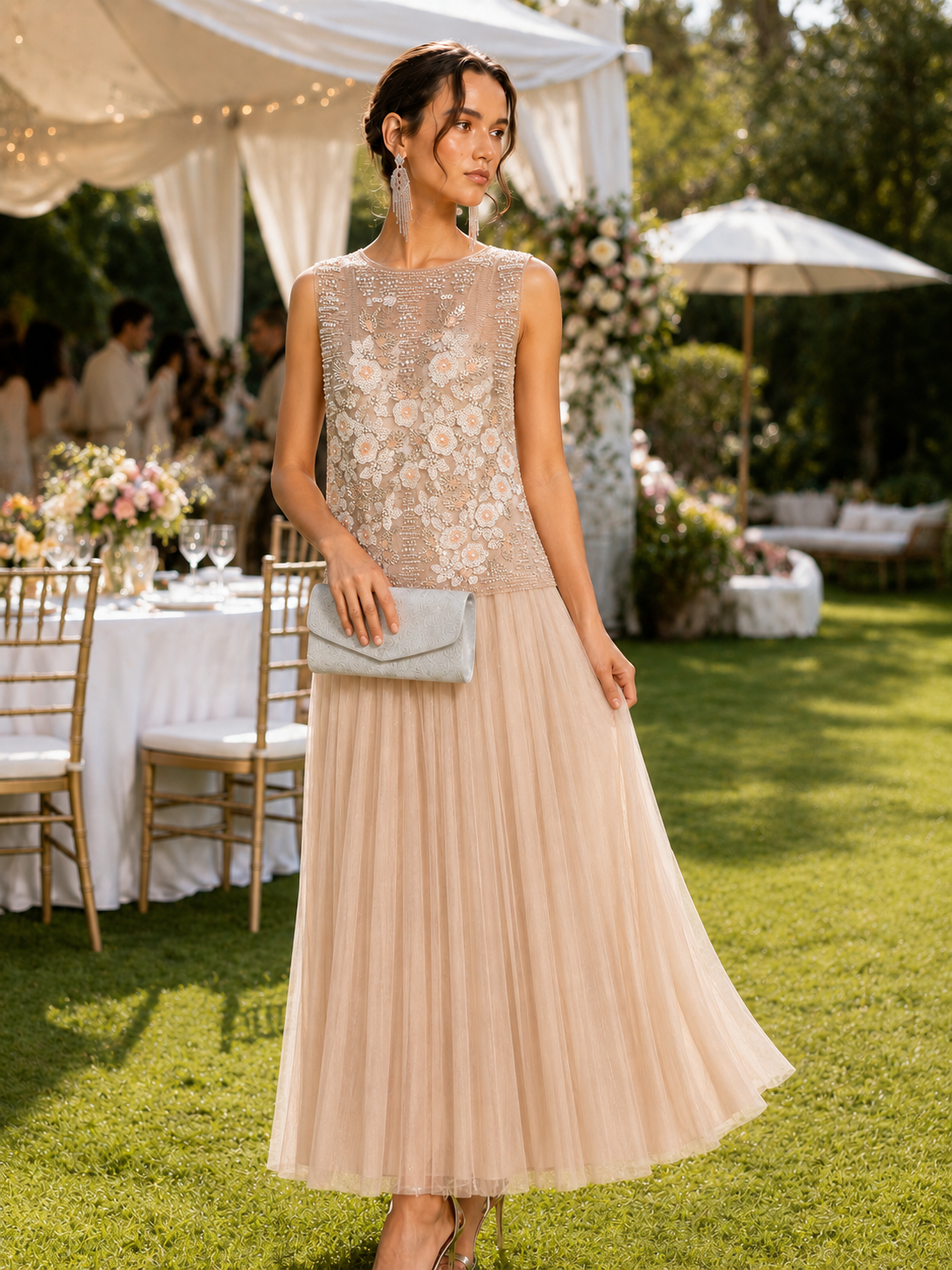 Blush Pearl Floral Beaded Sheer Sleeveless Formal Top