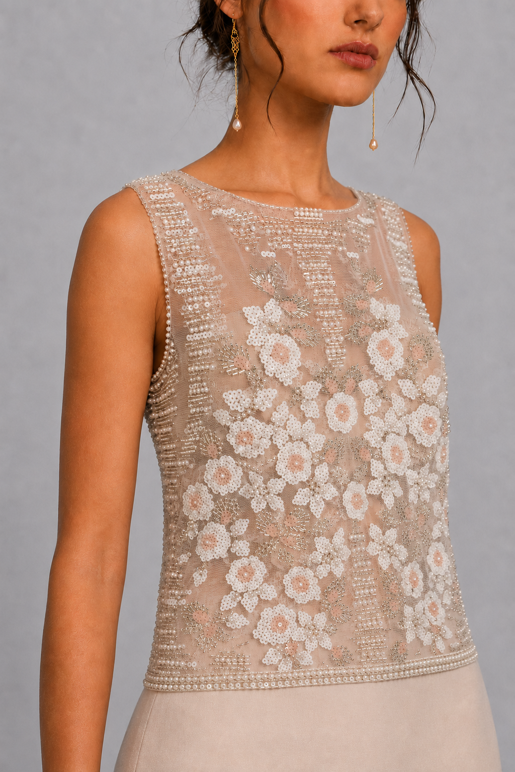 Blush Pearl Floral Beaded Sheer Sleeveless Formal Top
