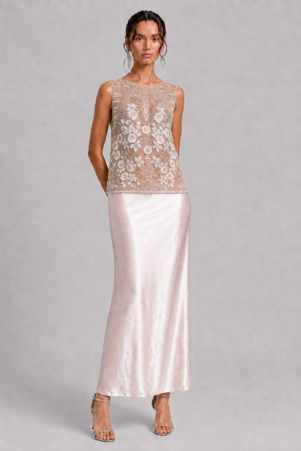 Blush Pearl Floral Beaded Sheer Sleeveless Formal Top