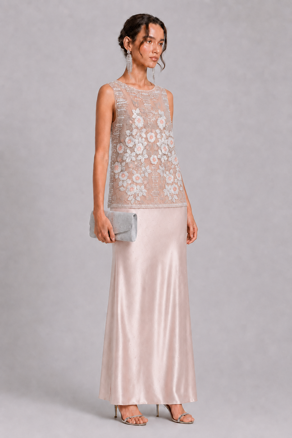 Blush Pearl Floral Beaded Sheer Sleeveless Formal Top