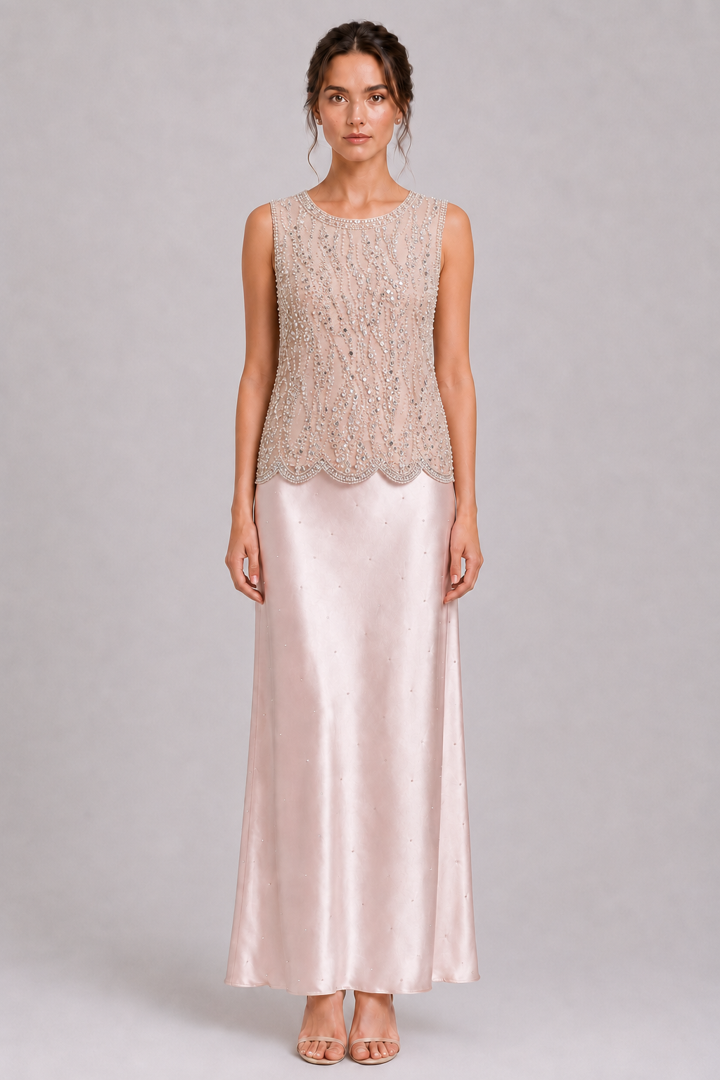 Rhinestone Pearl Beaded Sleeveless Formal Blouse Scallop Hem Tank Top