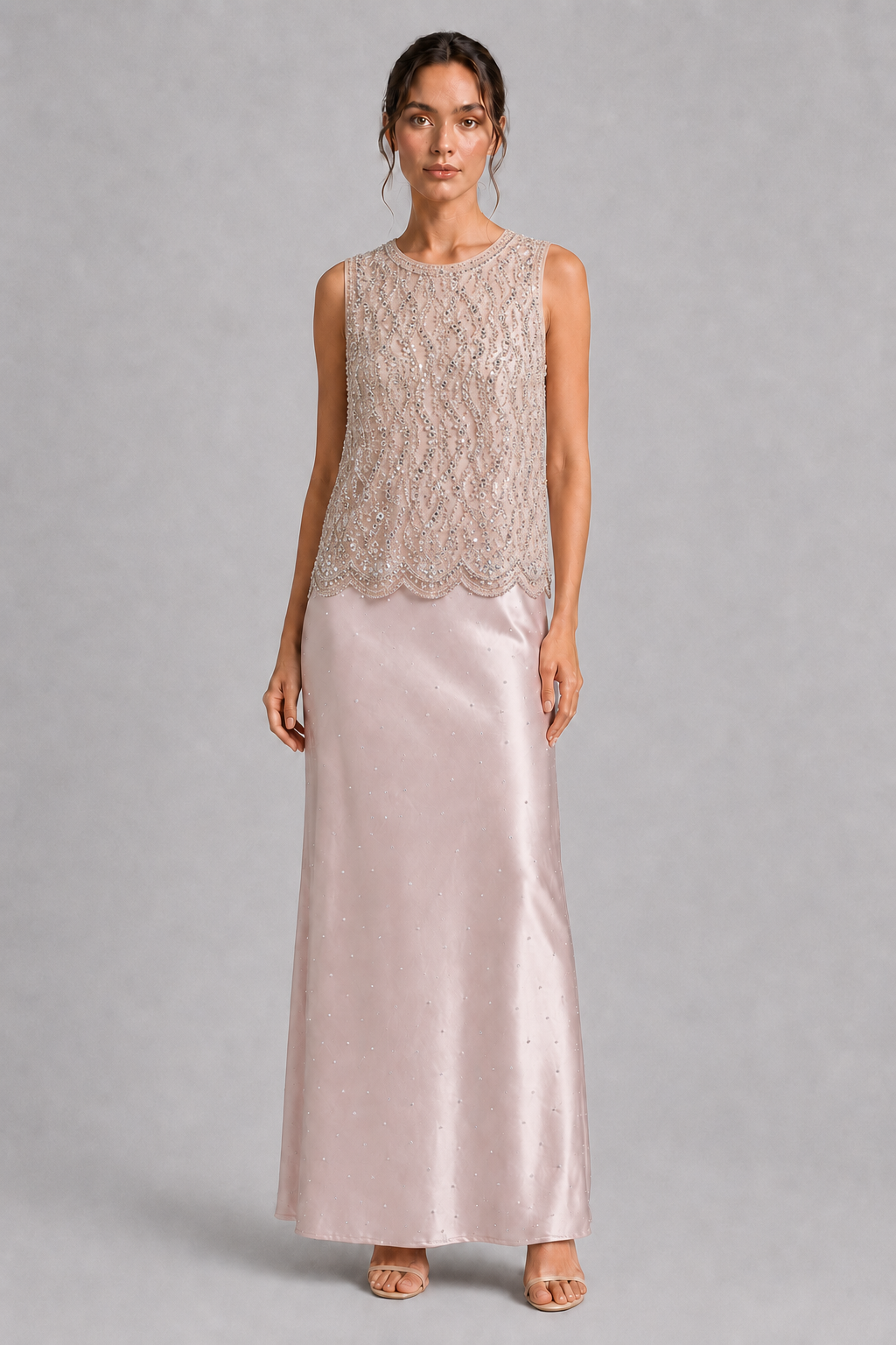 Rhinestone Pearl Beaded Sleeveless Formal Blouse Scallop Hem Tank Top