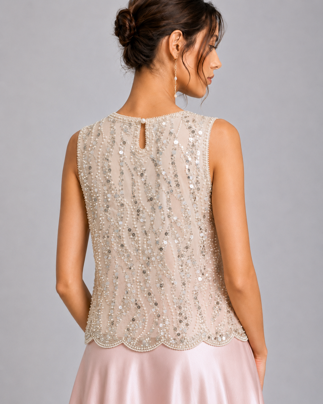 Rhinestone Pearl Beaded Sleeveless Formal Blouse Scallop Hem Tank Top