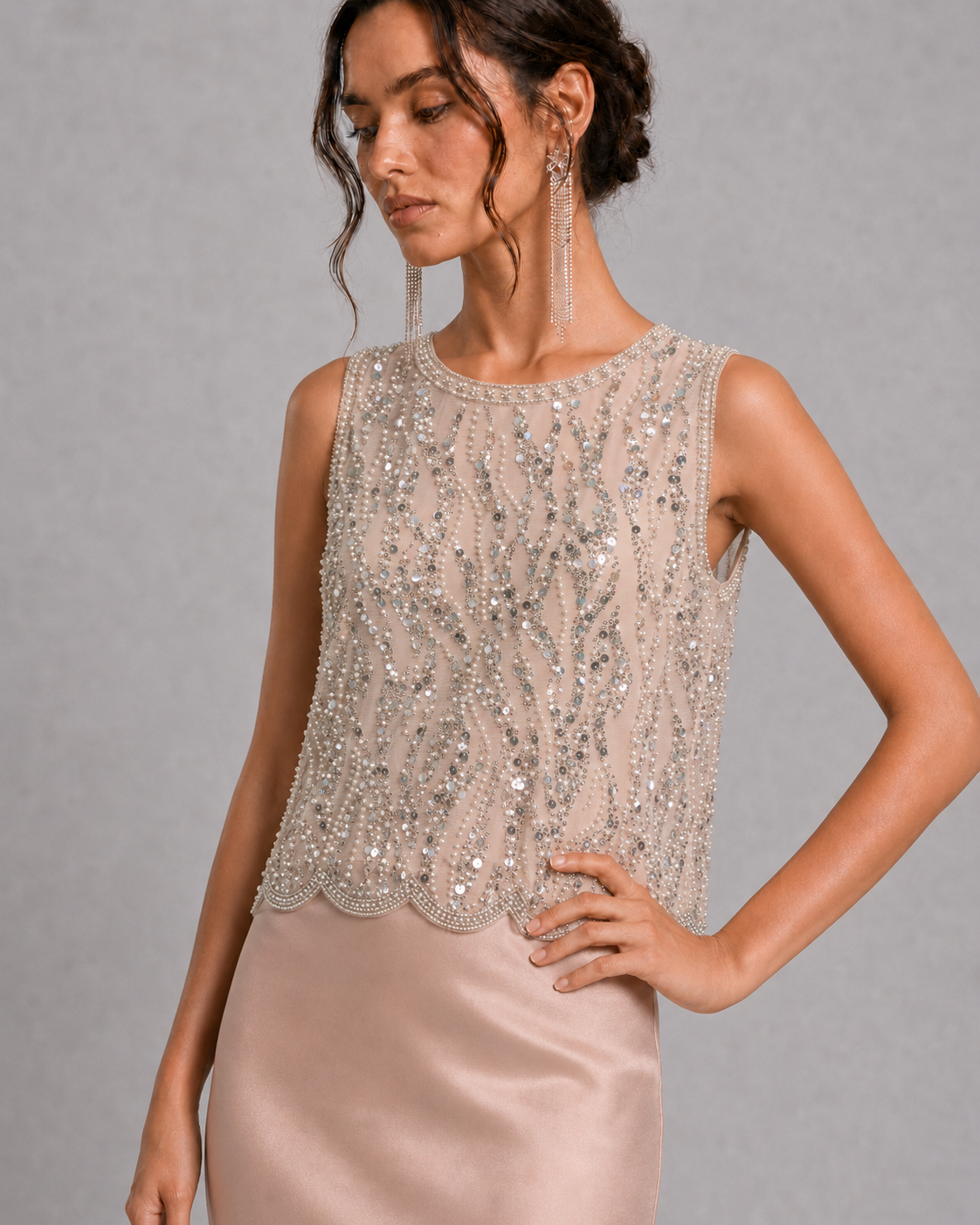 Rhinestone Pearl Beaded Sleeveless Formal Blouse Scallop Hem Tank Top