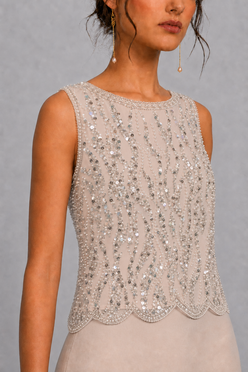 Rhinestone Pearl Beaded Sleeveless Formal Blouse Scallop Hem Tank Top