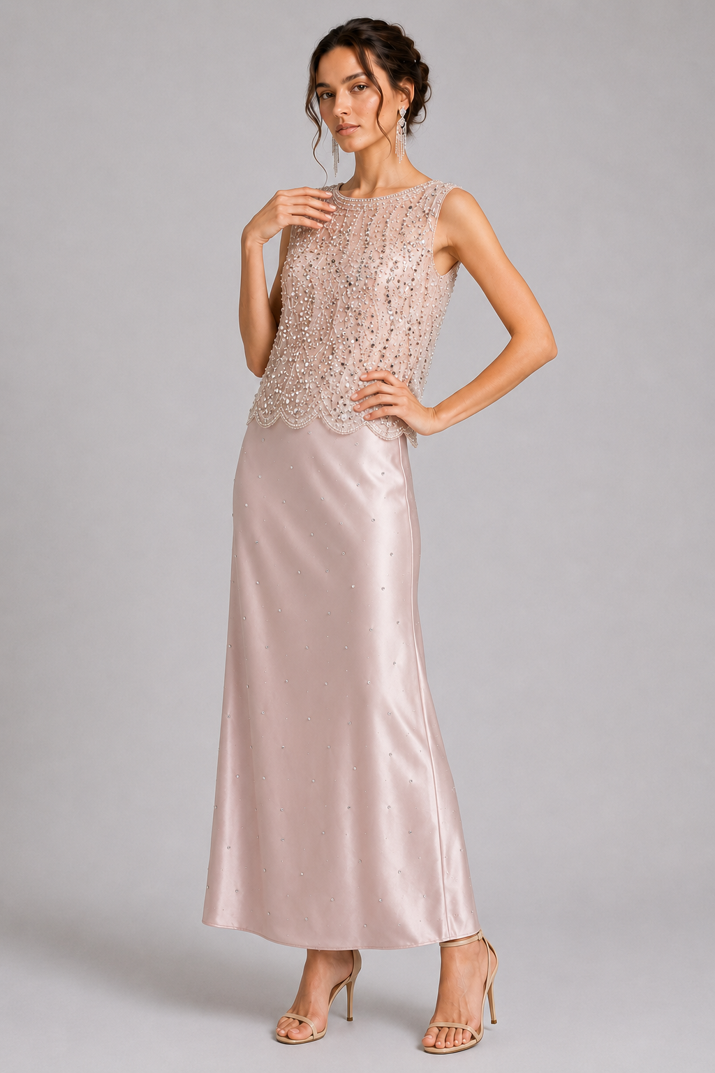 Rhinestone Pearl Beaded Sleeveless Formal Blouse Scallop Hem Tank Top