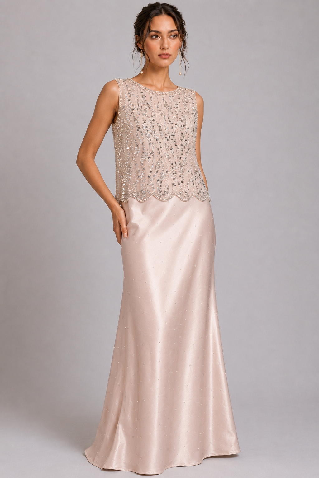 Rhinestone Pearl Beaded Sleeveless Formal Blouse Scallop Hem Tank Top