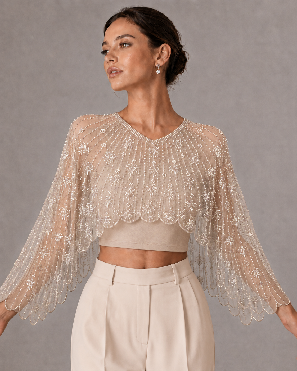 Beaded Mesh Cape Shrug V Neck Long Sleeve Wedding Evening Bolero Jacket