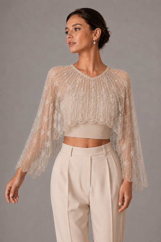 Beaded Mesh Cape Shrug V Neck Long Sleeve Wedding Evening Bolero Jacket
