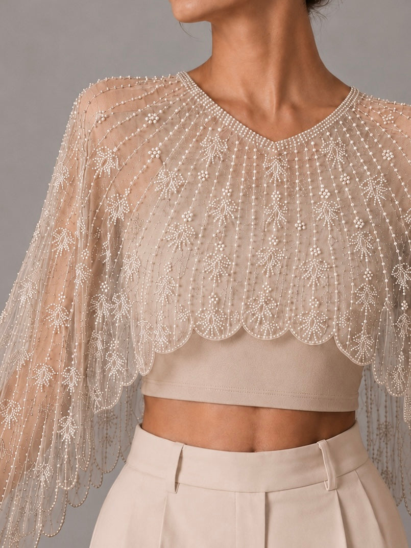 Beaded Mesh Cape Shrug V Neck Long Sleeve Wedding Evening Bolero Jacket
