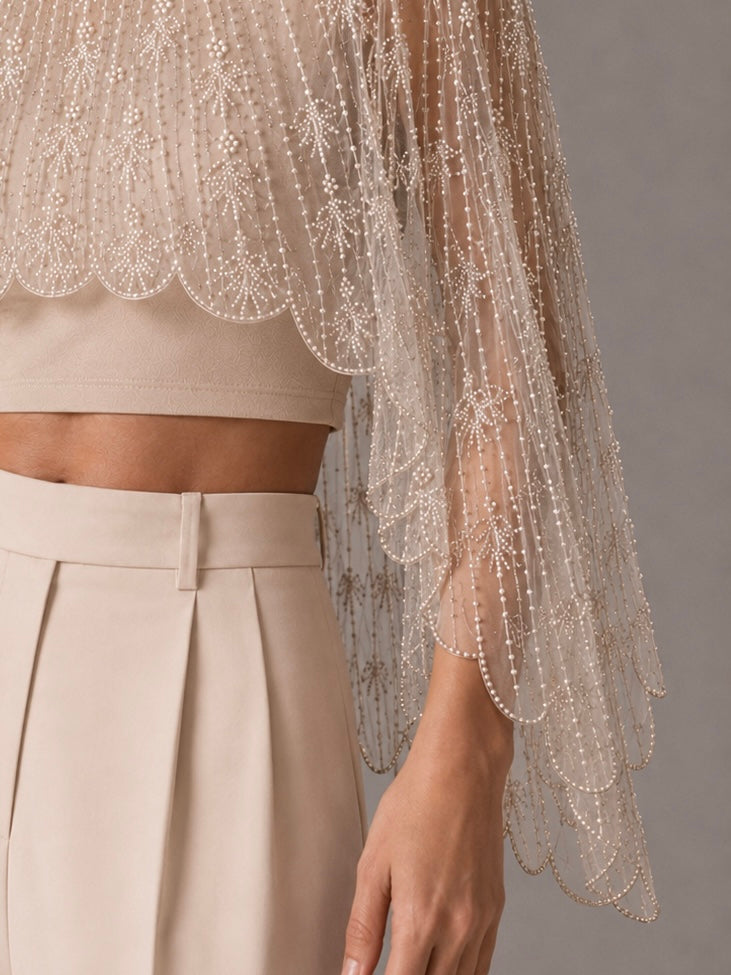 Beaded Mesh Cape Shrug V Neck Long Sleeve Wedding Evening Bolero Jacket