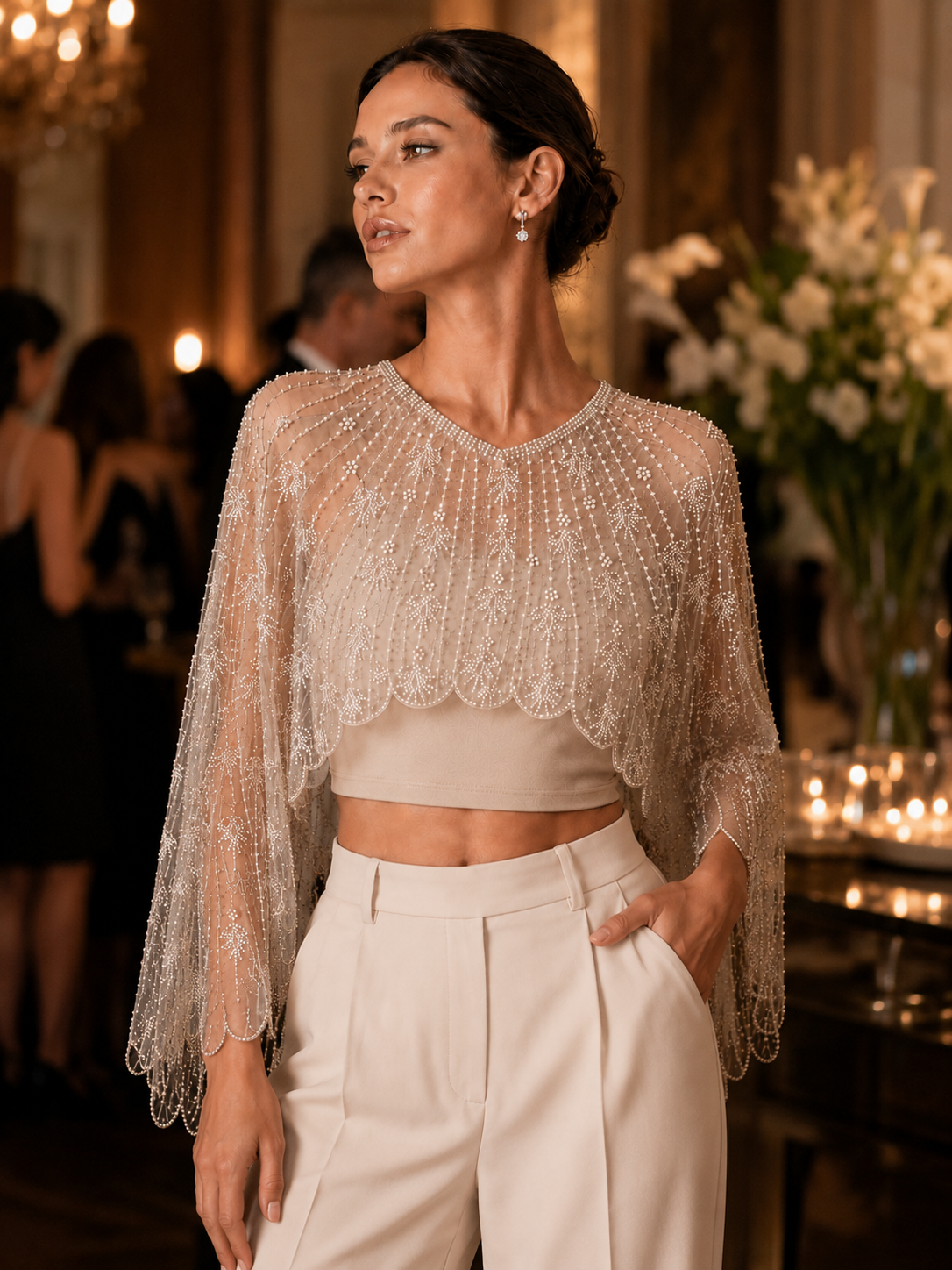 Beaded Mesh Cape Shrug V Neck Long Sleeve Wedding Evening Bolero Jacket