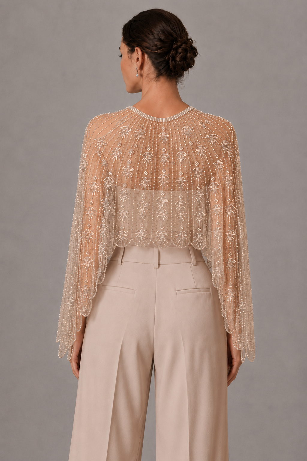 Beaded Mesh Cape Shrug V Neck Long Sleeve Wedding Evening Bolero Jacket