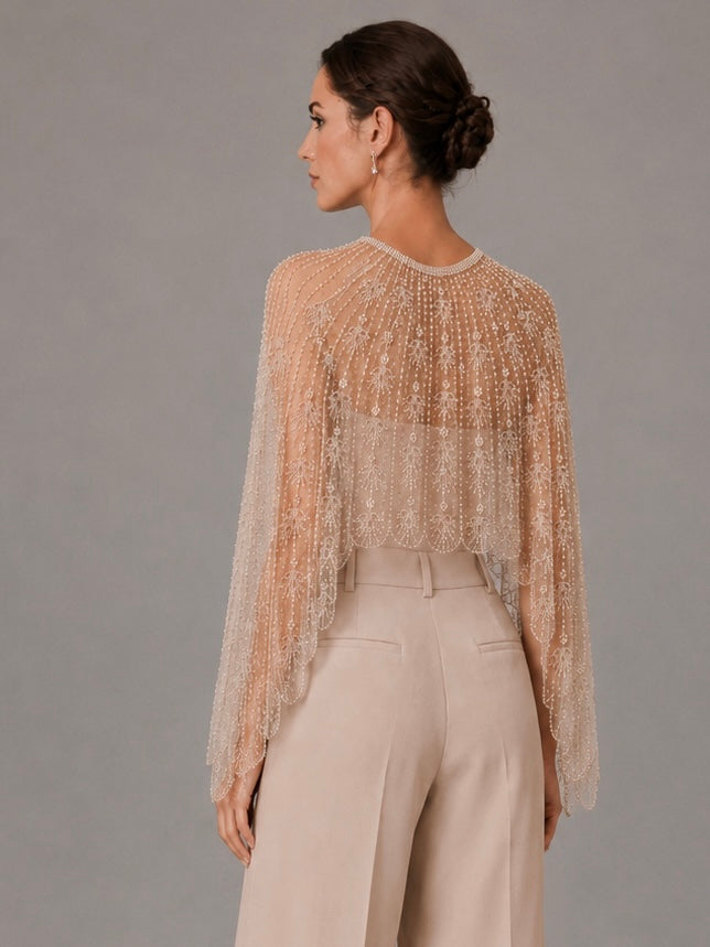 Beaded Mesh Cape Shrug V Neck Long Sleeve Wedding Evening Bolero Jacket