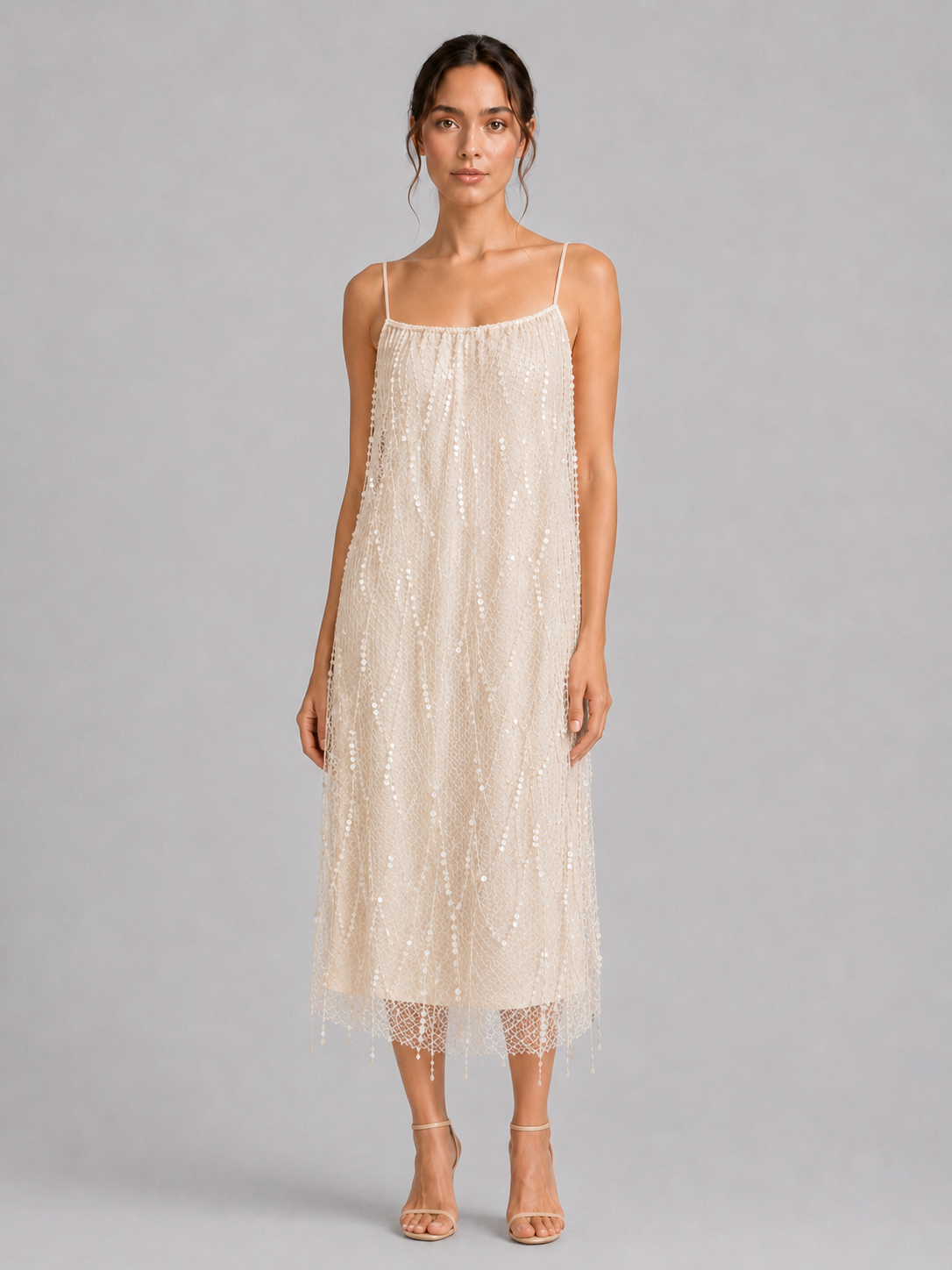 Beaded Fringe Spaghetti Strap Midi Slip Dress Elegant Party Dress