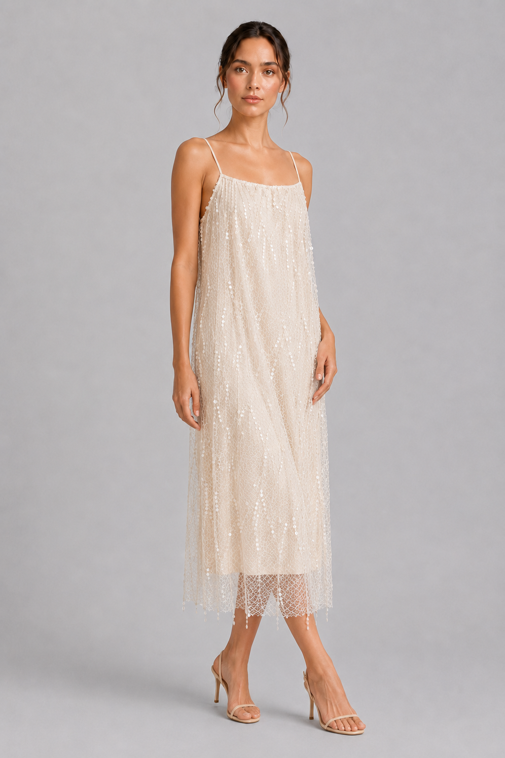 Beaded Fringe Spaghetti Strap Midi Slip Dress Elegant Party Dress