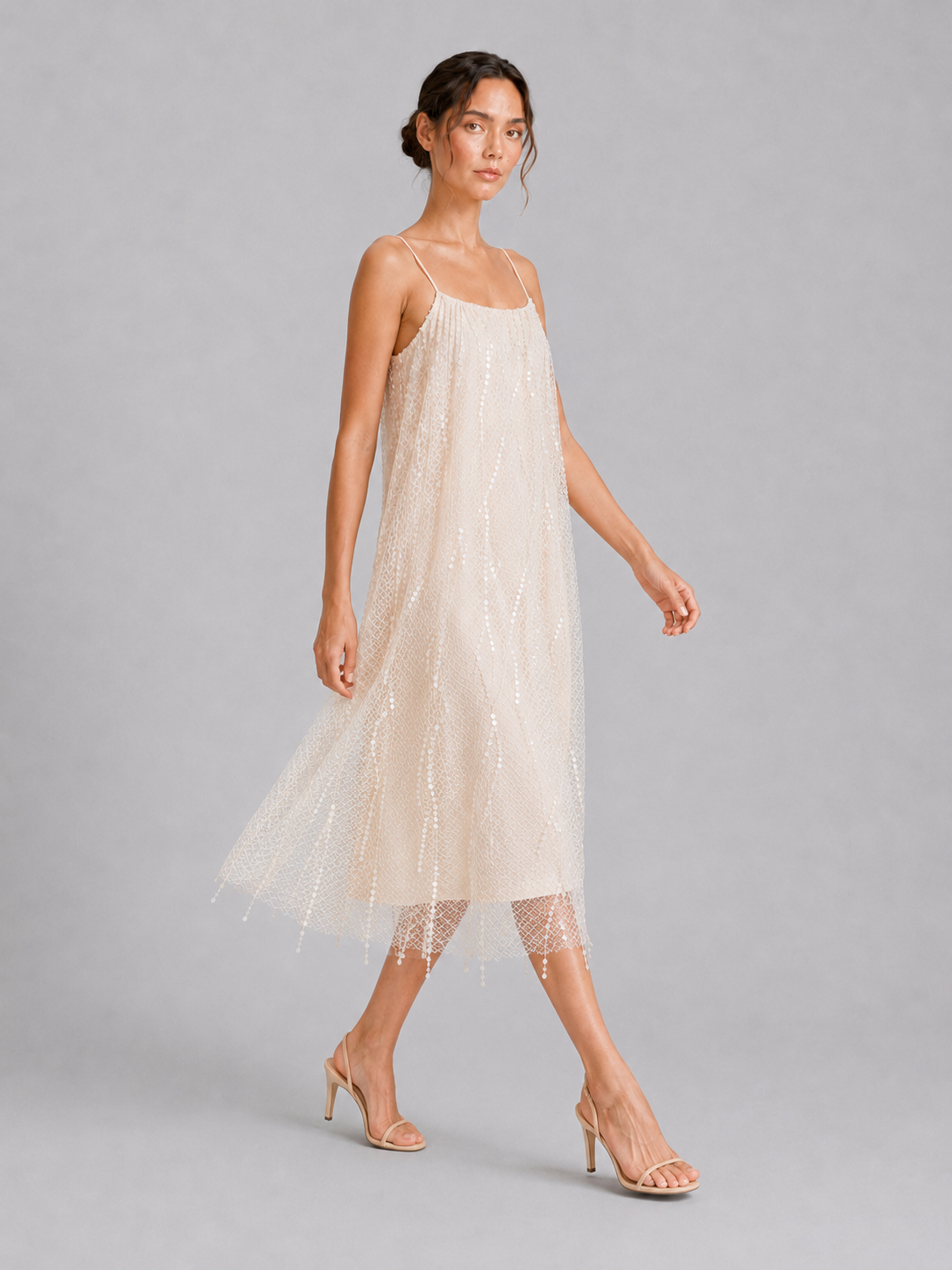 Beaded Fringe Spaghetti Strap Midi Slip Dress Elegant Party Dress