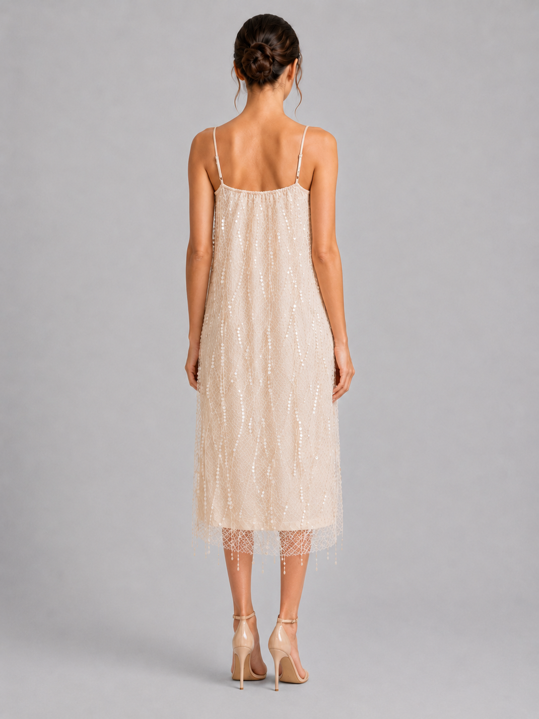 Beaded Fringe Spaghetti Strap Midi Slip Dress Elegant Party Dress