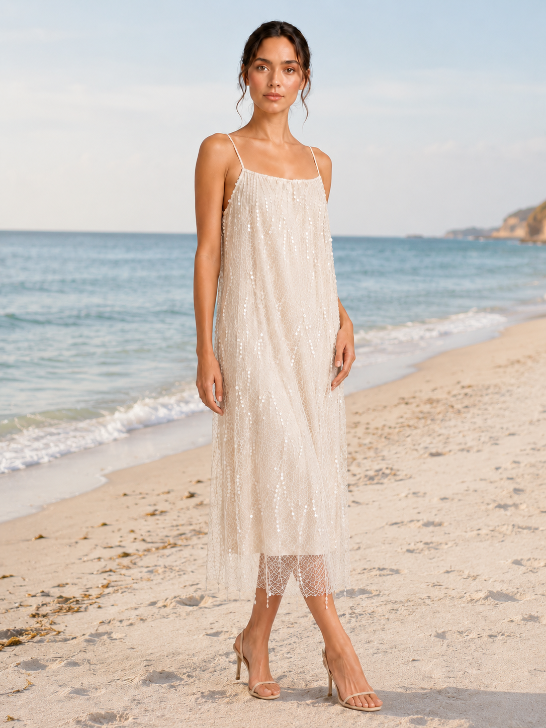 Beaded Fringe Spaghetti Strap Midi Slip Dress Elegant Party Dress