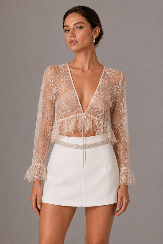 White Sheer Lace Tie Front Cropped Blouse Long Flare Sleeve V Neck Ruffled Hem See Through Top