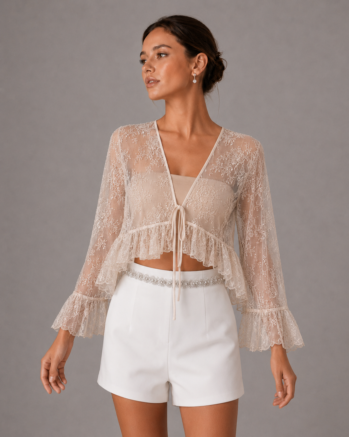White Sheer Lace Tie Front Cropped Blouse Long Flare Sleeve V Neck Ruffled Hem See Through Top