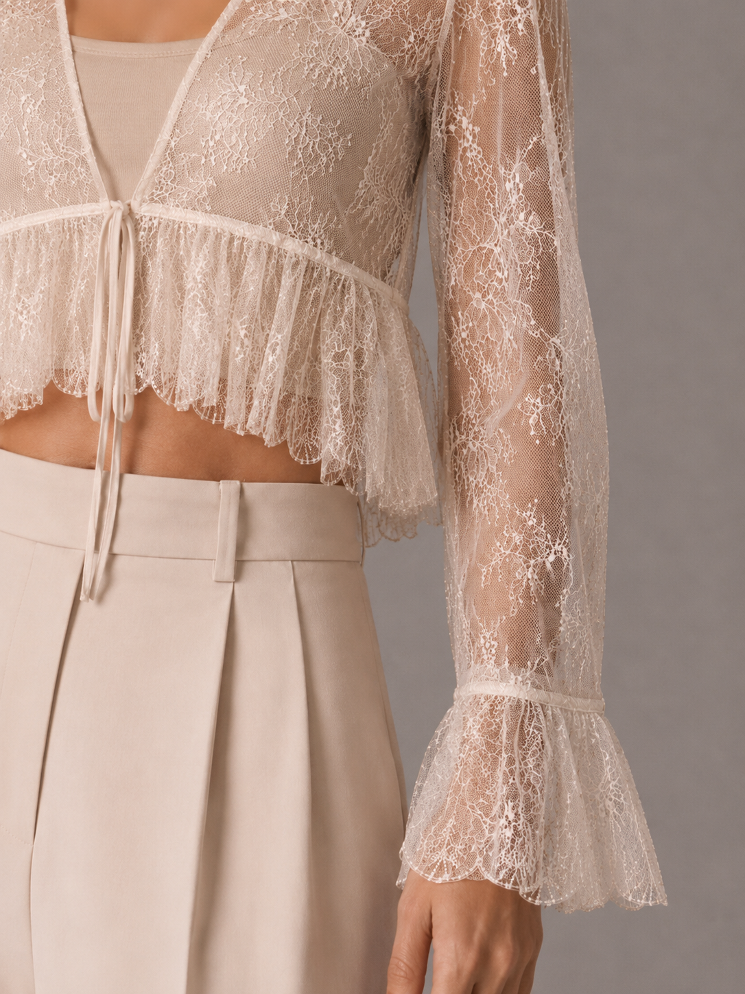 White Sheer Lace Tie Front Cropped Blouse Long Flare Sleeve V Neck Ruffled Hem See Through Top