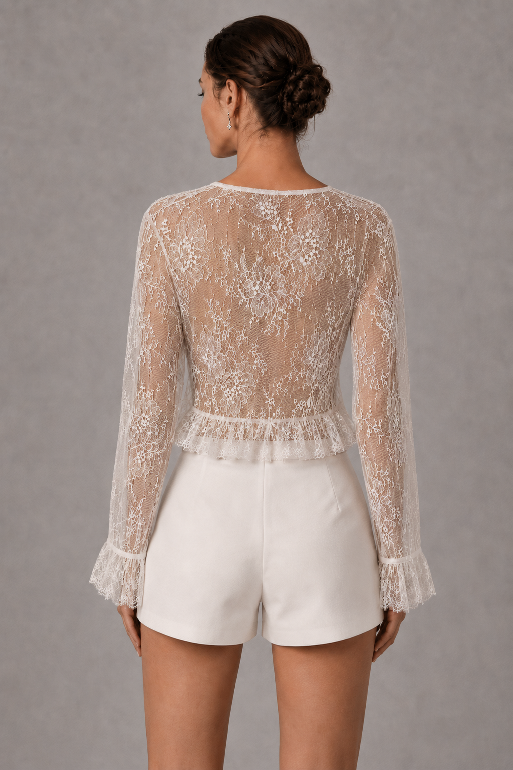 White Sheer Lace Tie Front Cropped Blouse Long Flare Sleeve V Neck Ruffled Hem See Through Top