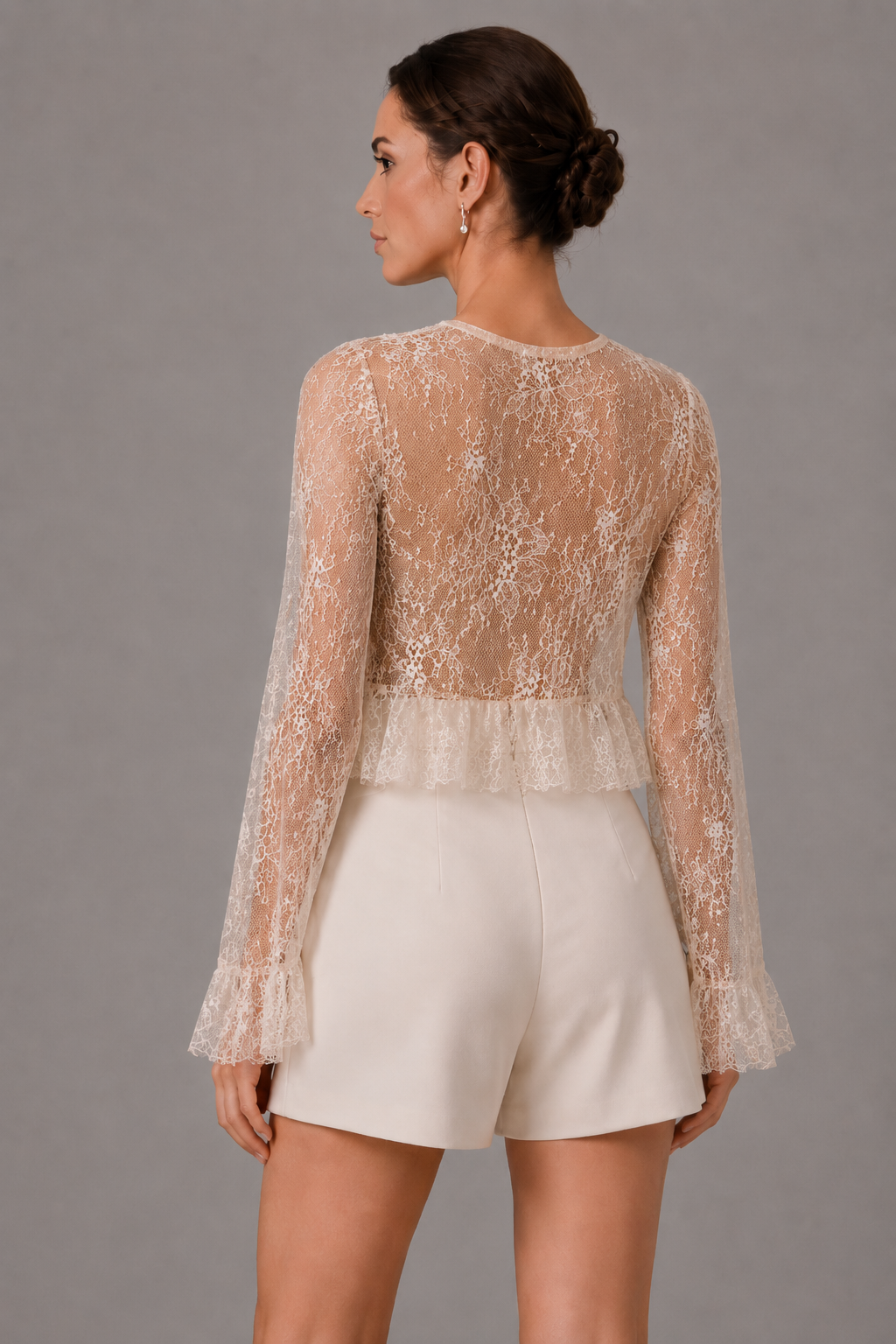 White Sheer Lace Tie Front Cropped Blouse Long Flare Sleeve V Neck Ruffled Hem See Through Top