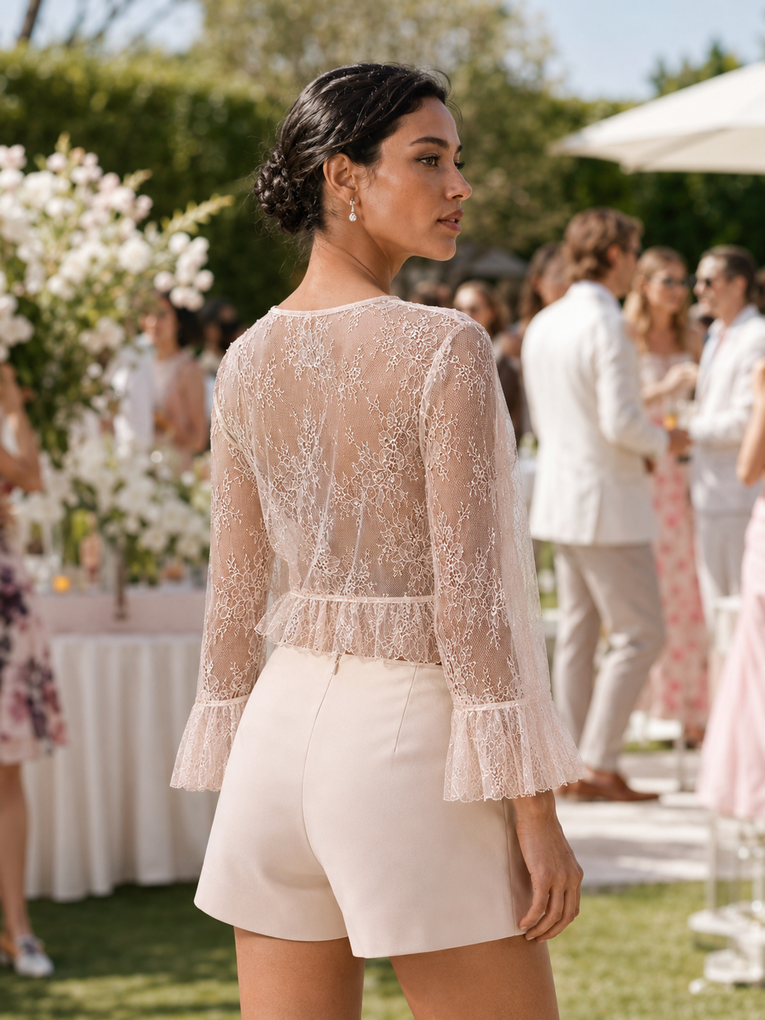 White Sheer Lace Tie Front Cropped Blouse Long Flare Sleeve V Neck Ruffled Hem See Through Top