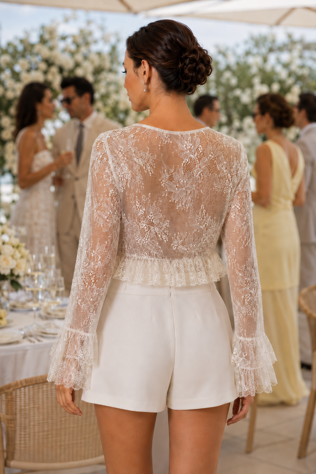 White Sheer Lace Tie Front Cropped Blouse Long Flare Sleeve V Neck Ruffled Hem See Through Top