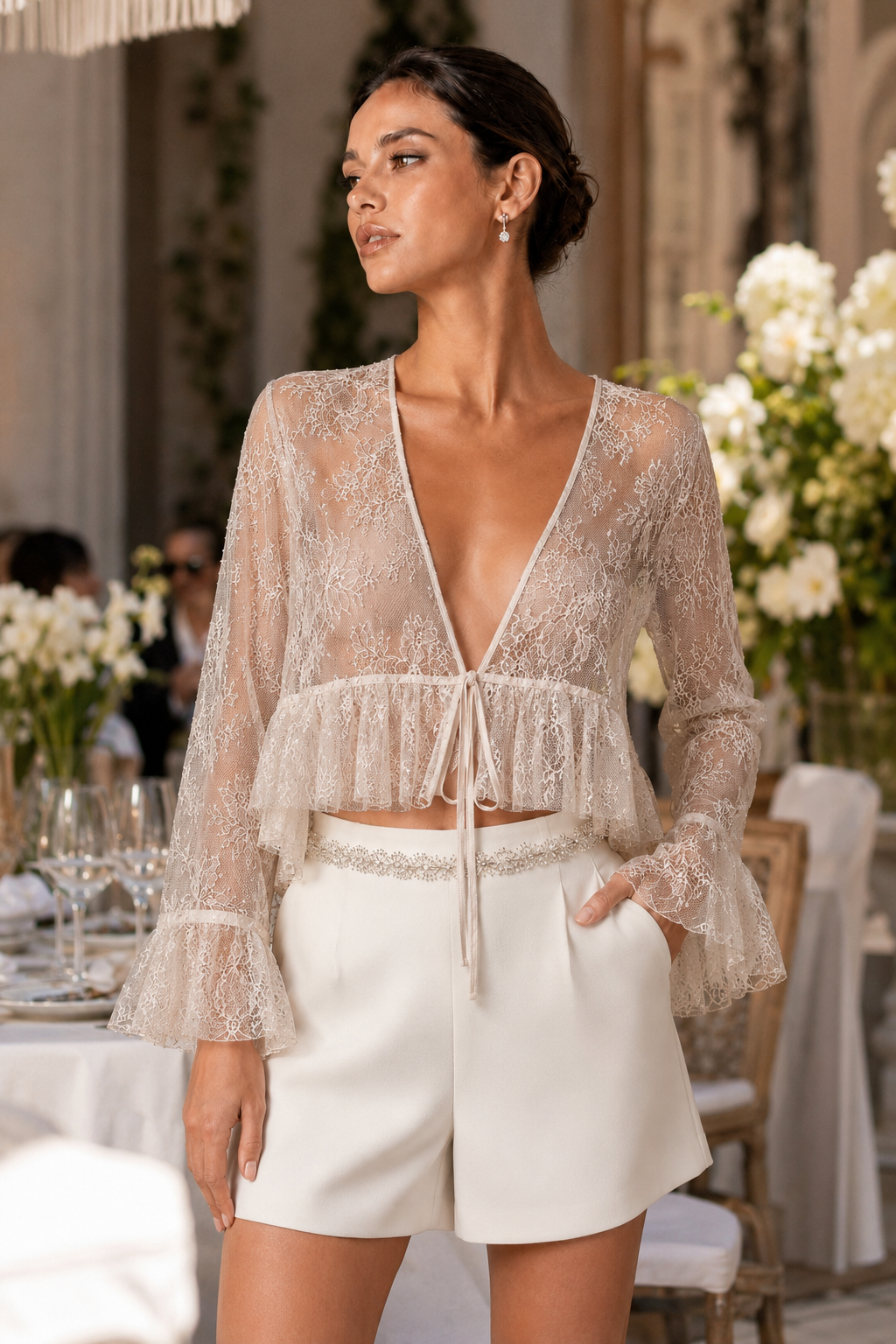White Sheer Lace Tie Front Cropped Blouse Long Flare Sleeve V Neck Ruffled Hem See Through Top