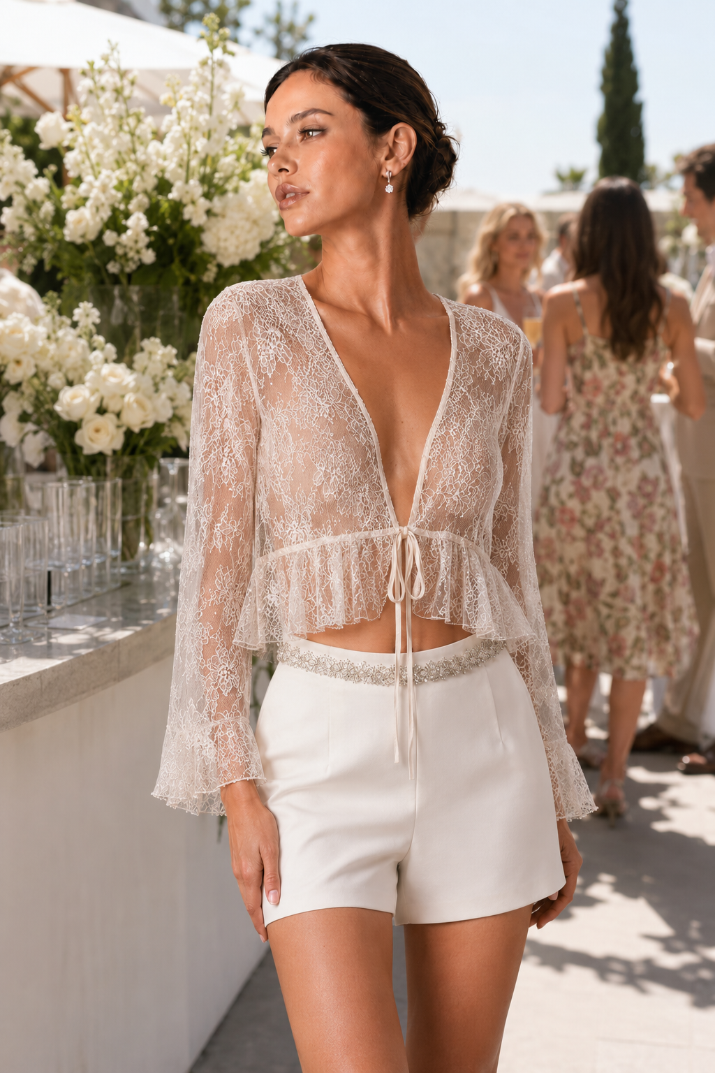 White Sheer Lace Tie Front Cropped Blouse Long Flare Sleeve V Neck Ruffled Hem See Through Top